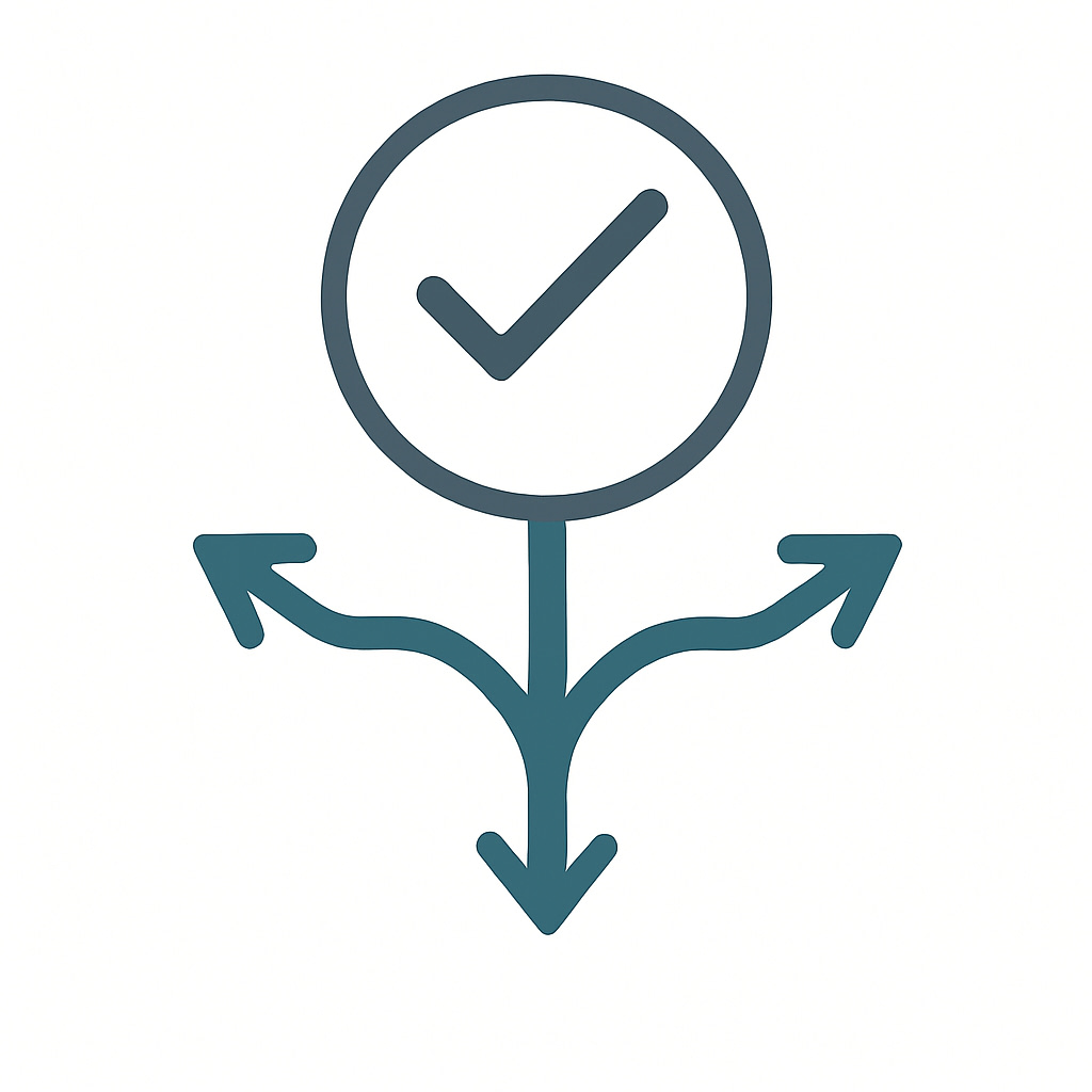 Check mark in a circle with 3 lines coming from underneath it, pointing directly down, to the left and to the right. Each of the lines is an arrow.