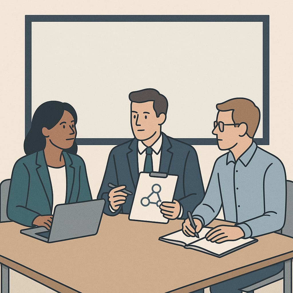 Cartoon image of 3 people sat around a table, there is a whiteboard in the background and the middle man is showing an image of a diagram to the women on the left whilst the man on the right is taking notes. The women on the left has a laptop.