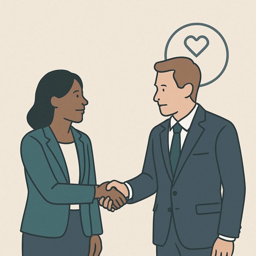Cartoon images of two people, a man on the right and a women on the left. They are shaking hands and there is an image of a heart in a circle in the top right.