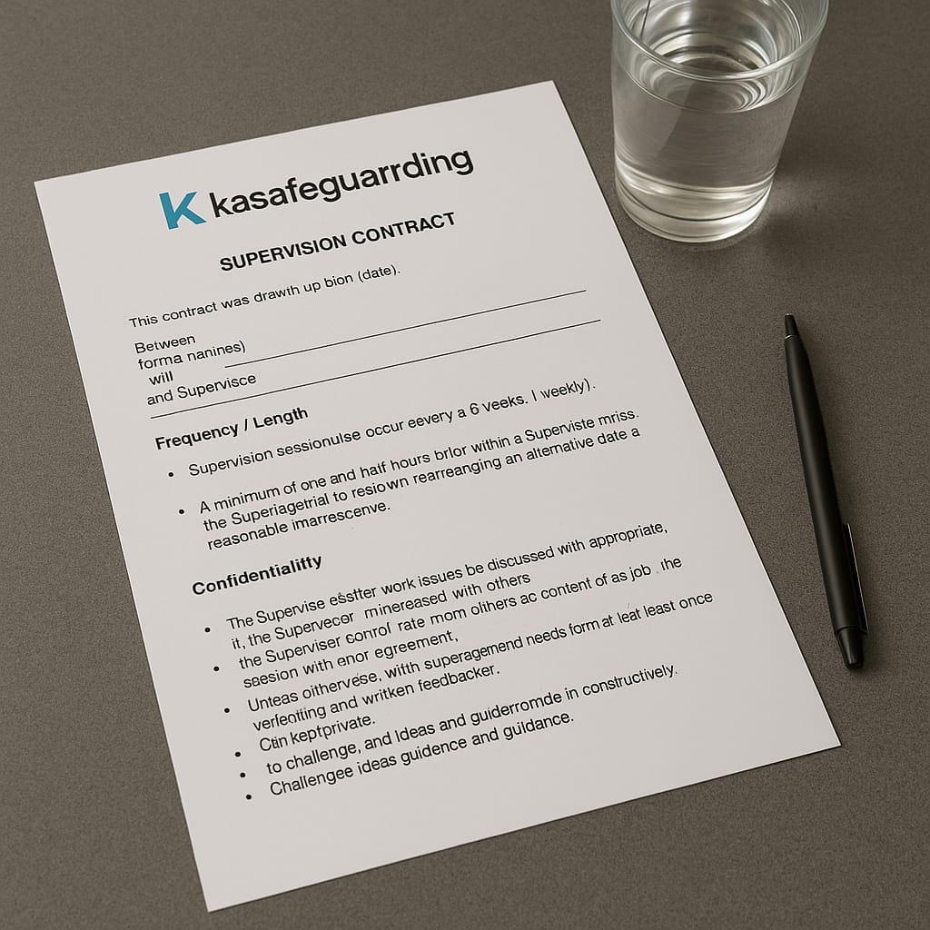 Image of a document on a table with a pen and a glass of water. The document is title KA Safeguarding Safeguarding Standards and contains a table of listed standards.