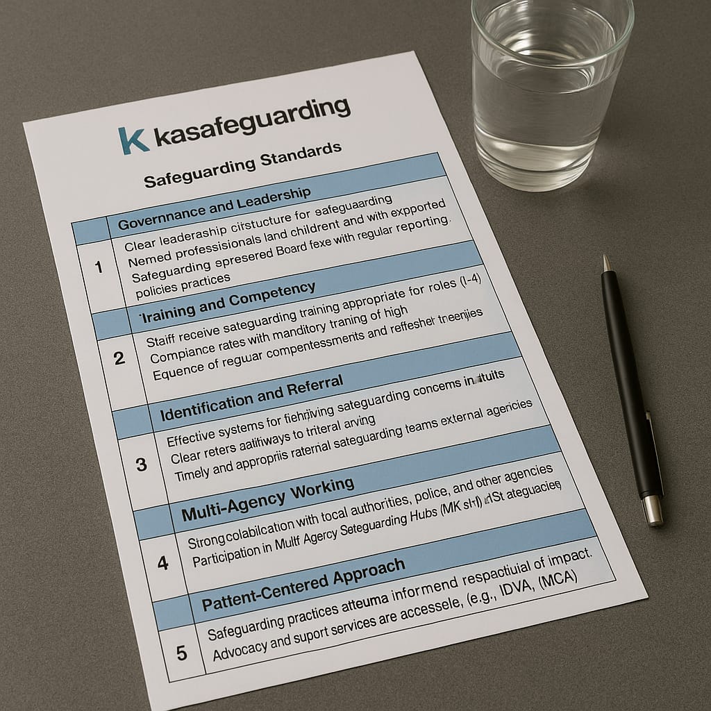 Image of a document on a table with a pen and a glass of water. The document is title KA Safeguarding Safeguarding Standards and contains a table of listed standards.