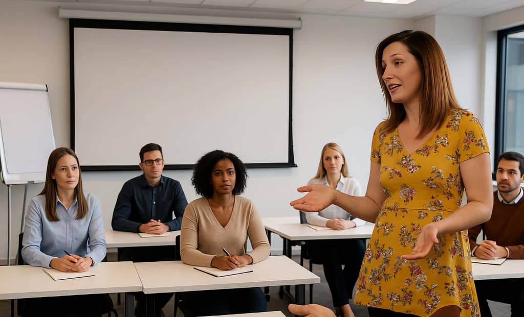 An image of a women standing in front of a class room, she appears to be teaching them about a subject. The class is listening intently.