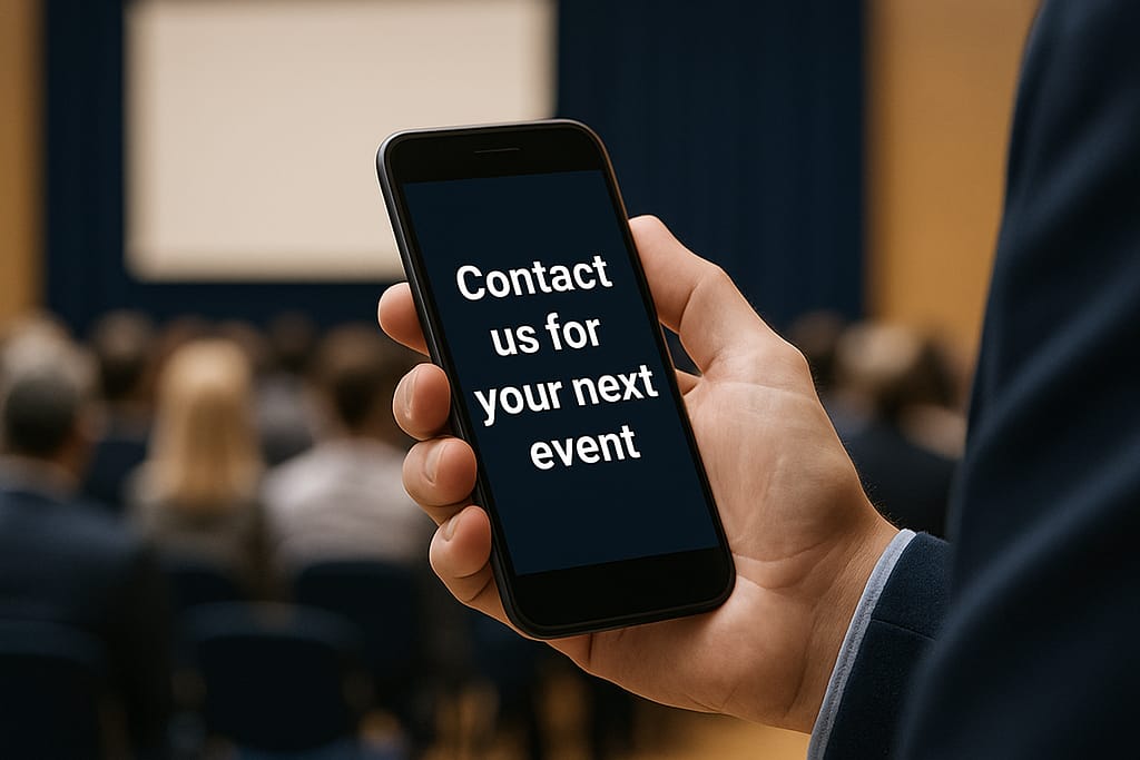 Image of a hand holding a mobile phone, the phone screen is showing the words "Contact us for your next event". Blurred in the background is a conference room with people sat in the audience looking forward to the stage.