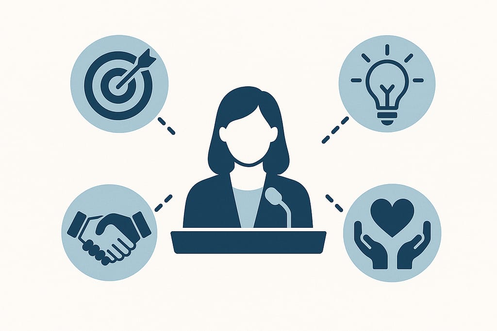 Cartoon image of a women standing at a podium, she has 4 thought bubbles around her. The one in the top left is an arrow in a target, the one in the top right is a light bulb, the one in the bottom right is a heart being cupped by two hands, and the one in the bottom left is two hands shaking.