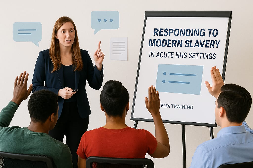 Image of a women stood next to a whiteboard addressing a small group of people. The group are raising their hand to ask questions.