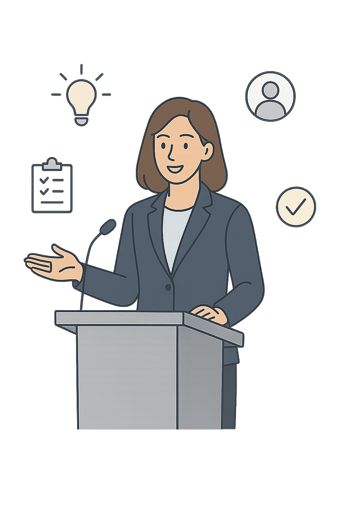 Cartoon image of a women stood at a pedestal. There are icons depicting a clipboard, light bulb, head and shoulders and a check mark surrounding her.