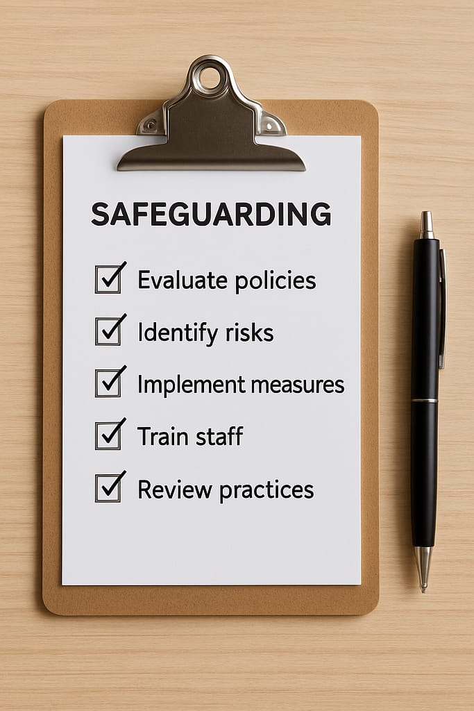 Image of a clipboard with a list and a pen to the right side. The list is titled Safeguarding and has 5 items all checked to the left. Evaluate Policies, Identify Risks,. Implement Measures, Train Staff and Review Practises.
