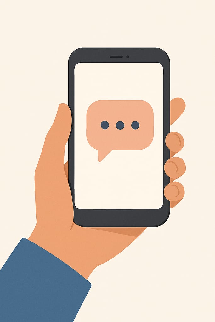 A cartoon image of a mobile phone being held up in a hand. The screen has the message icon on it.